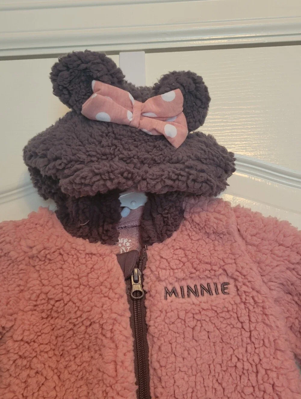 Disney One Piece Minnie Pink Plush Sherpa Jumpsuit with Hood & Gray Trim 6-9 mos